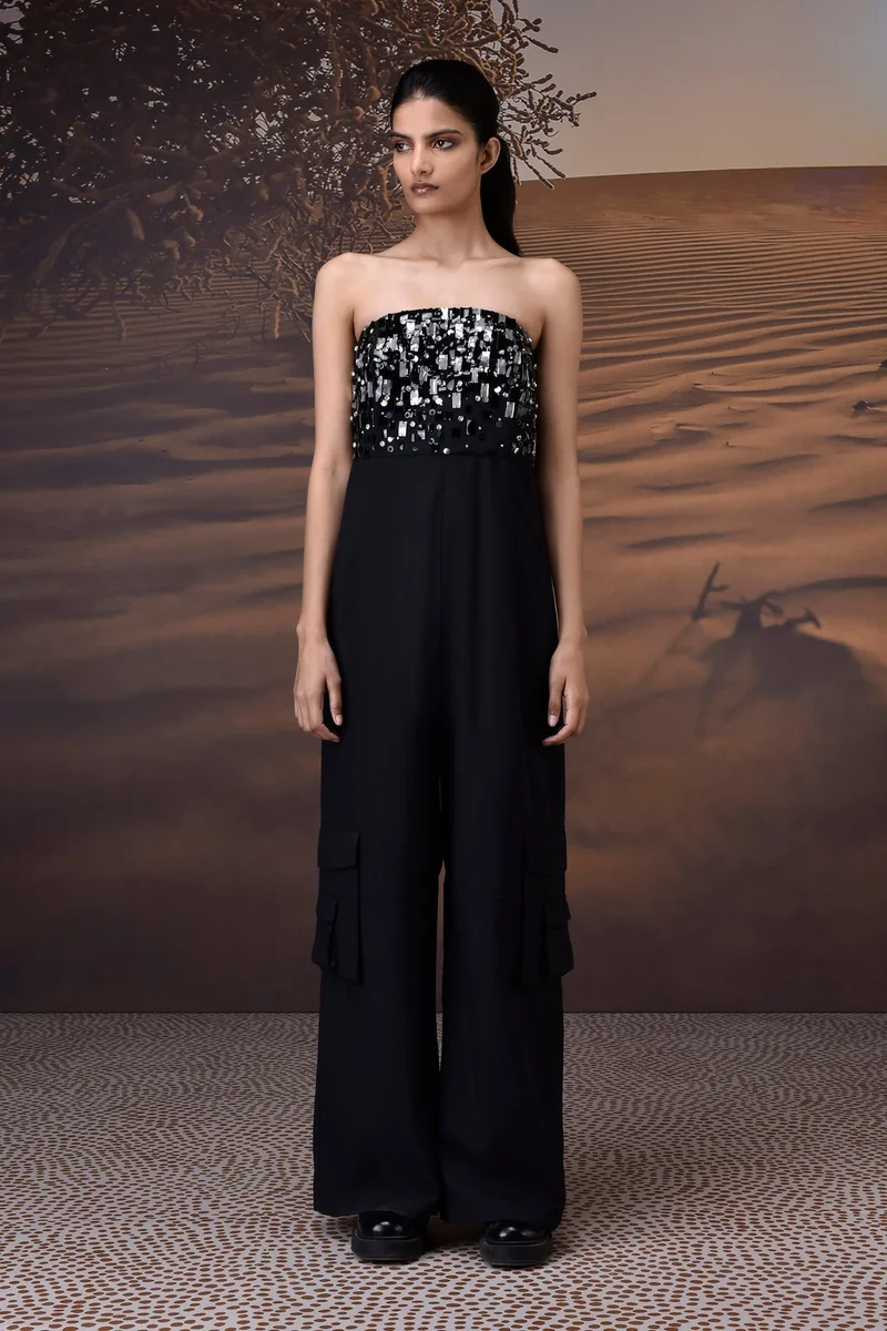Black Poly Wool Strapless Sequin Panel Jumpsuit